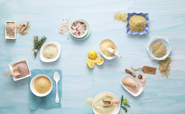 Here to Help - 10 ways with... Seasoned Salt - Mushroom and chive salt, Mixed pepper and salt, Rosemary salt, Curried salt, Sumac salt, Citrus salt, Fennel, pistachio and cumin salt, Nori, chilli and sesame seed salt, Five-spice salt, Lemongrass and mint salt