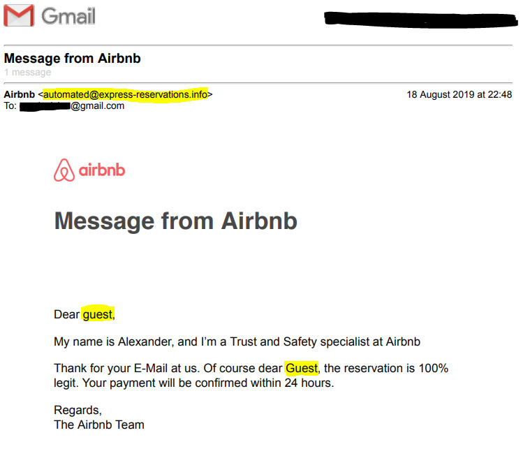airbnb scam message
