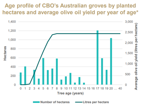 age profile of cbo's australian groves by planted hectares and average olive oil yield per year of age