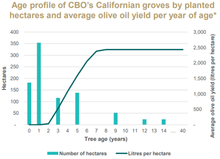 age profile of cbo's californian groves by planted hectares and average olive oil yield per year of age.png