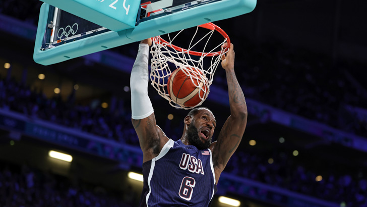 LeBron James of United States during the Men's Basketball Group Phase game between Serbia and the US on day two of the Olympic Games Paris 2024 at Stade Pierre Mauroy on July 28, 2024 in Lille, France. (Photo by Christina Pahnke - sampics/Getty Images.)