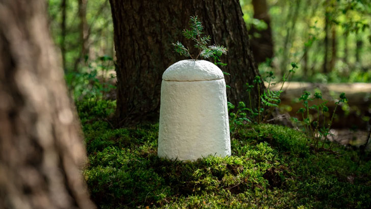 A new type of urn: the Loop EarthRise biodegradable mushroom vessel takes 45 days to break down into the nature.
